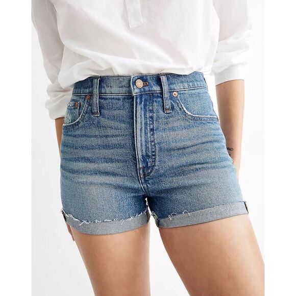 Madewell High-Rise Denim Shorts Raw Hem Cuff Size 27 C13 - Picture 4 of 16